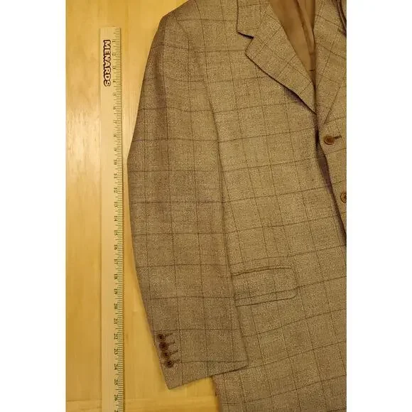 Canali Hopsack Blazer Size 42 Wool Silk Blend Brown Windowpane Plaid 3 Button